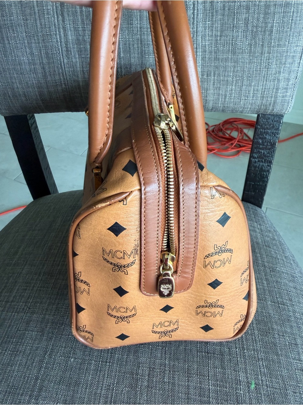 MCM Cognac Visetos Logo Satchel with Gold Hardware - Picture 7 of 12